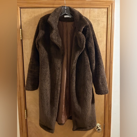 Angashion Women's Brown Fuzzy Fleece Lapel Open Front Long Coat Faux Fur - Picture 2 of 9
